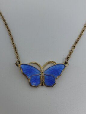 Vintage Guilloche Enamel & Gold Butterfly Necklace (Norway)